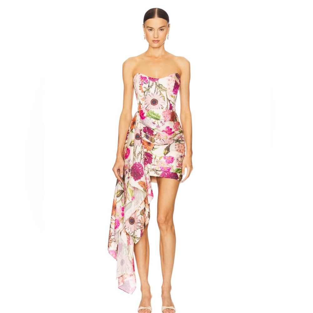 Katie May Strapless Asymmetrical Floral Mini Dress in Pink & Cream
